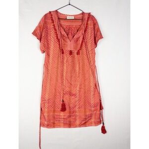 Cecilie Copenhagen Dress Womens V Neck Midi Short Sleeve Pom Pom Tunic Boho